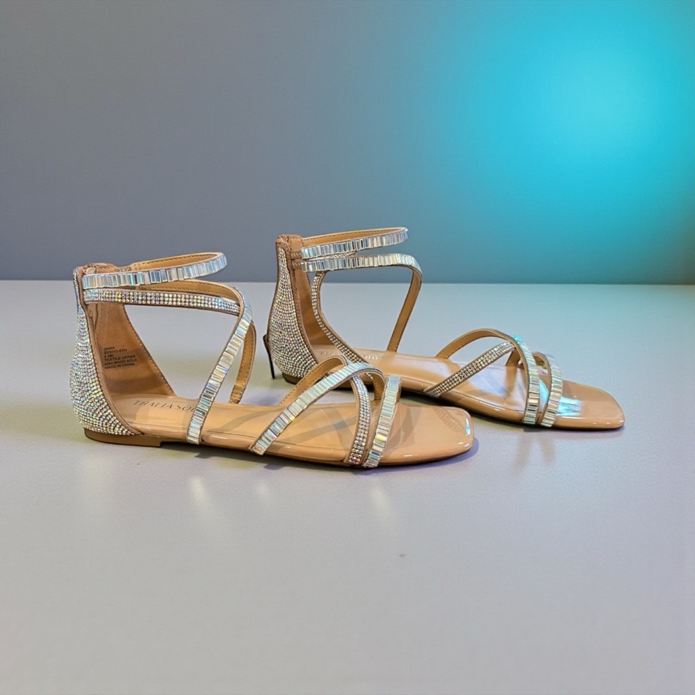 Thalia Sodi Sandals Rhinestone Sparkle Glitter Silver Sandals Flats 6.5 Medium